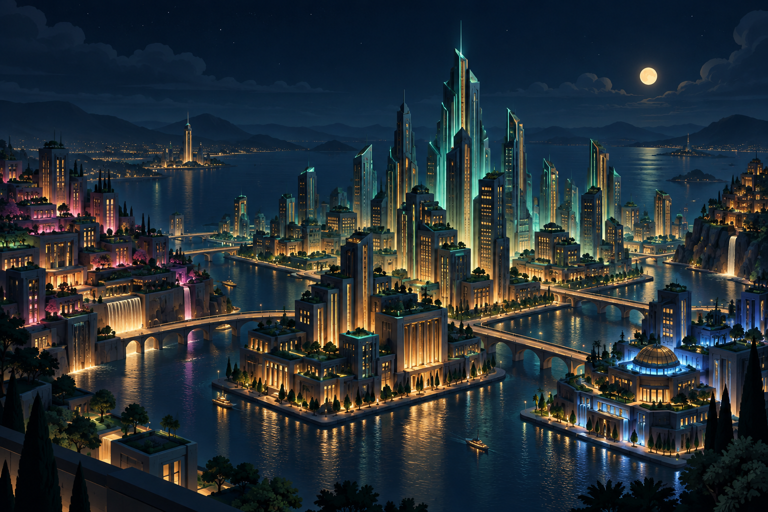 The fictional SettleUp city illuminated in emerald and gold